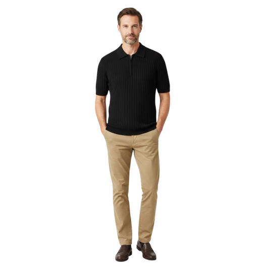 Men's Slim Fit Short Sleeve Knitted Polo Shirt with Half-Zip - Textured Casual Tee