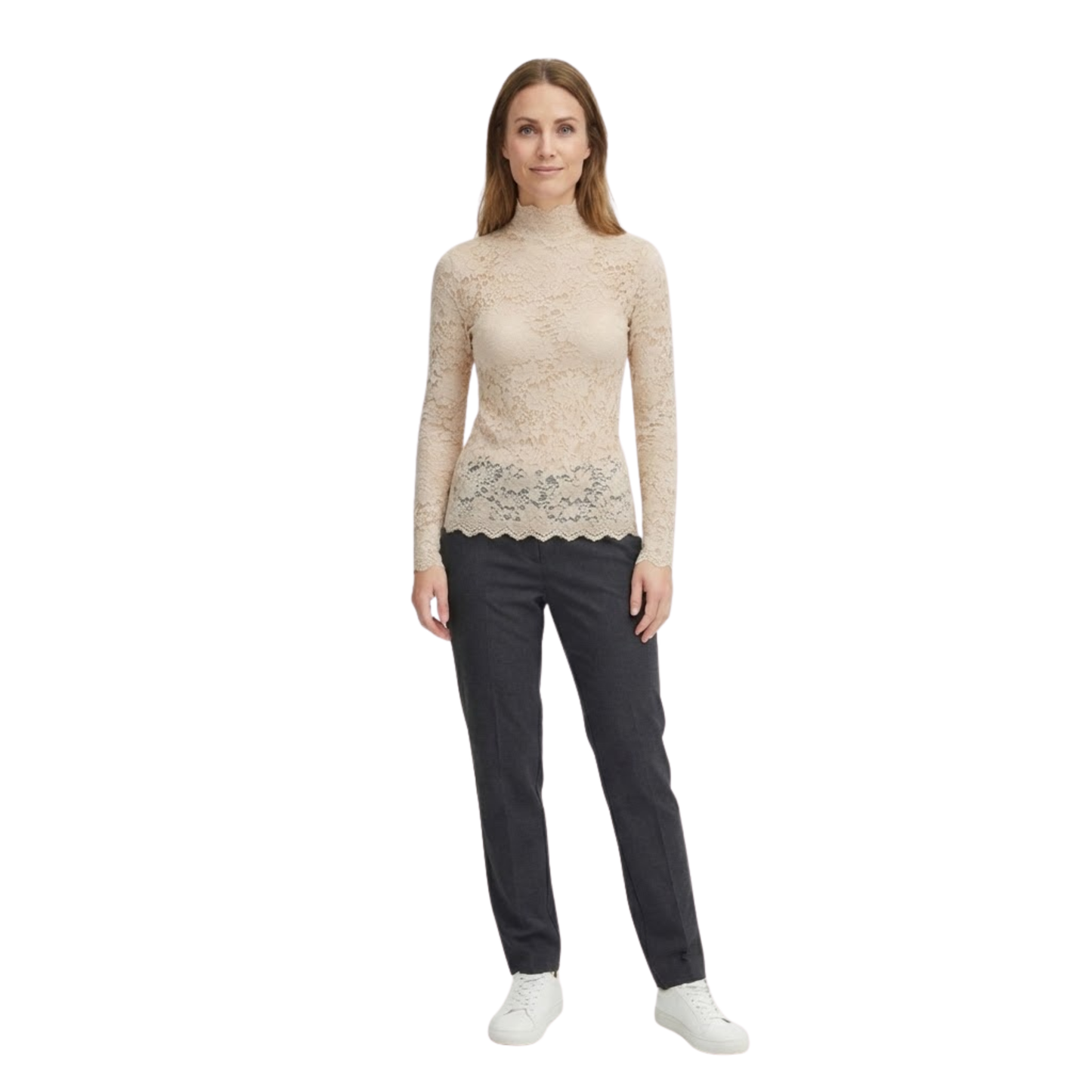 Floral Lace Long Sleeve Turtleneck Top with Petal Sleeves - Women's Knit Mesh Tee