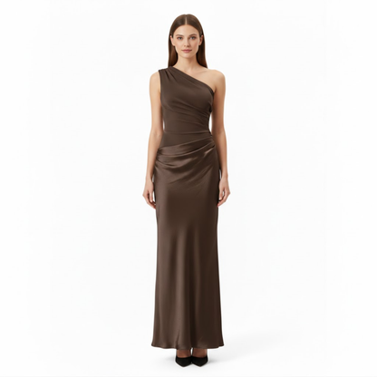 Elegant One-Shoulder Satin Maxi Dress - Sleeveless Patchwork Slim Fit Evening Gown for Parties