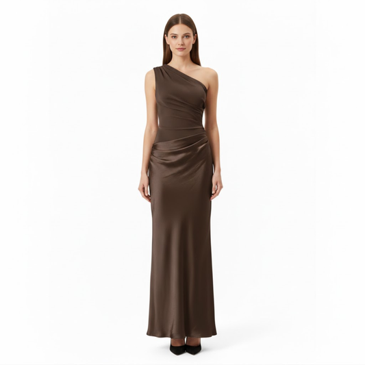 Elegant One-Shoulder Satin Maxi Dress - Sleeveless Patchwork Slim Fit Evening Gown for Parties