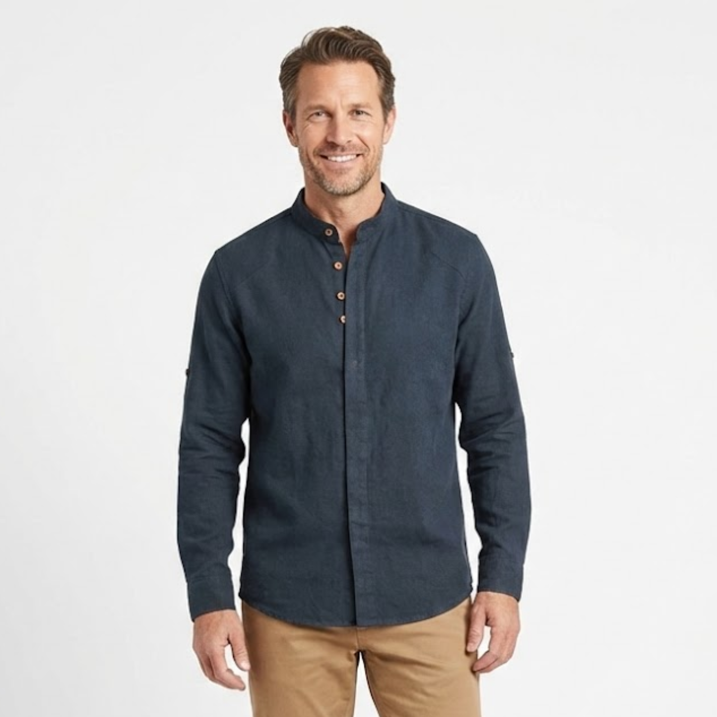 Men's Slim Fit Long Sleeve Cotton Linen Shirt with Stand Collar - Casual Button Down Top