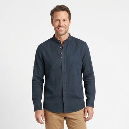 Men's Slim Fit Long Sleeve Cotton Linen Shirt with Stand Collar - Casual Button Down Top