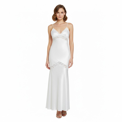 Elegant Satin Maxi Dress with Lace Patchwork, V-Neck, Backless, Sleeveless Fishtail Design