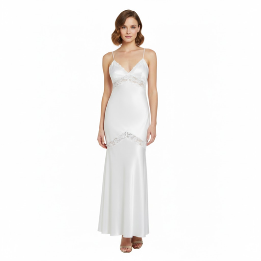 Elegant Satin Maxi Dress with Lace Patchwork, V-Neck, Backless, Sleeveless Fishtail Design