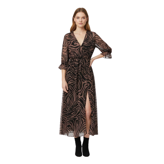 V-Neck Print Midi Dress Short Sleeve Front Split A-Line Wrap Tie Waist Party Gown