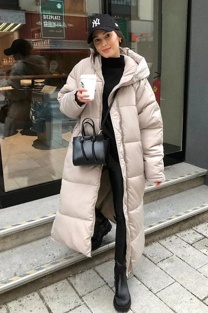 Women's High Neck Hooded Long Quilted Puffer Coat for Winter Warmth