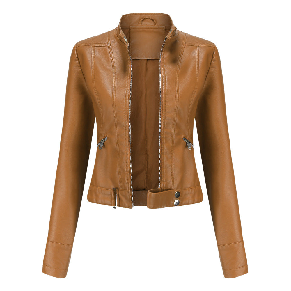 Stylish Women's Leather Jacket with Zipper, High Collar, and Adjustable Belt