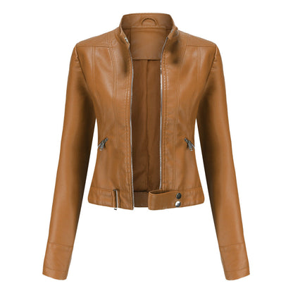 Stylish Women's Leather Jacket with Zipper, High Collar, and Adjustable Belt