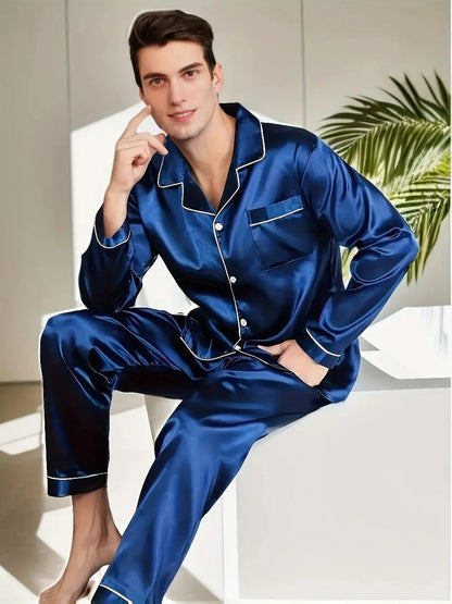 Men's Button-Down Pyjama Set with White Trim - Comfortable Sleepwear for Men