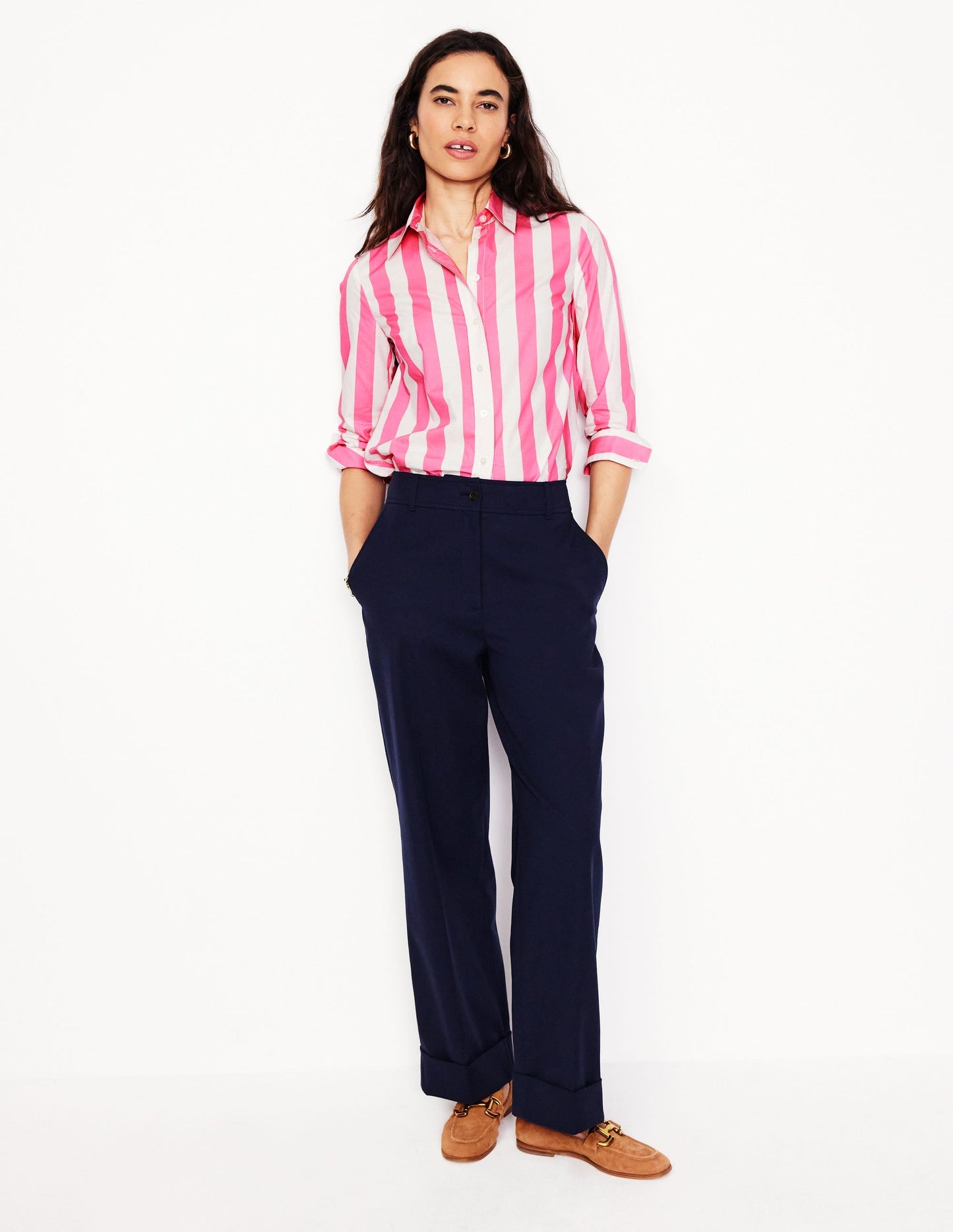 Pink Rose Wide Stripe Cotton Shirt for Women - Stylish Casual Top