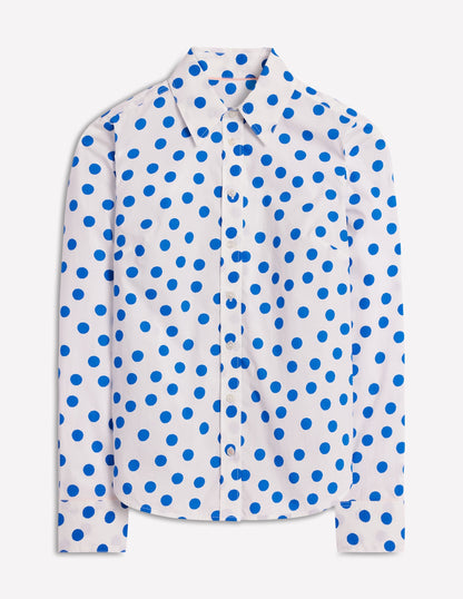 Ivory Cotton Shirt with Blue Abstract Dot Pattern for Women