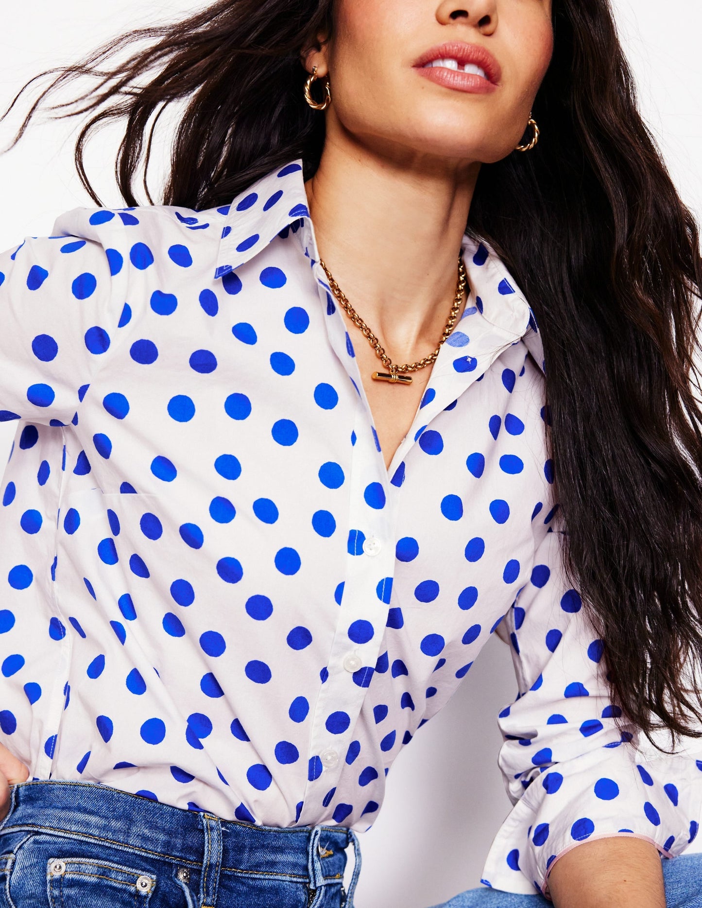 Ivory Cotton Shirt with Blue Abstract Dot Pattern for Women