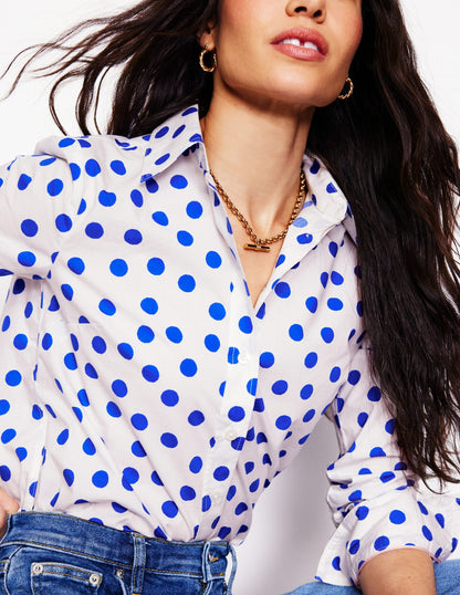 Ivory Cotton Shirt with Blue Abstract Dot Pattern for Women