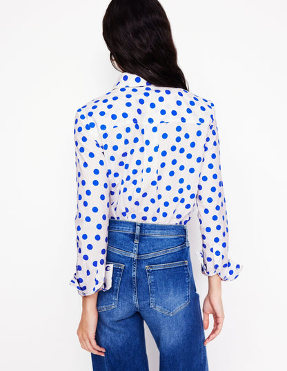 Ivory Cotton Shirt with Blue Abstract Dot Pattern for Women