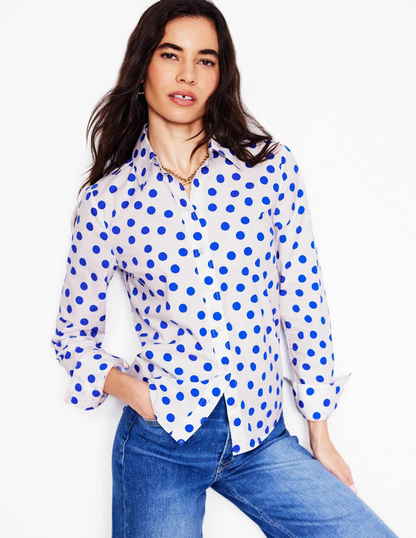 Ivory Cotton Shirt with Blue Abstract Dot Pattern for Women