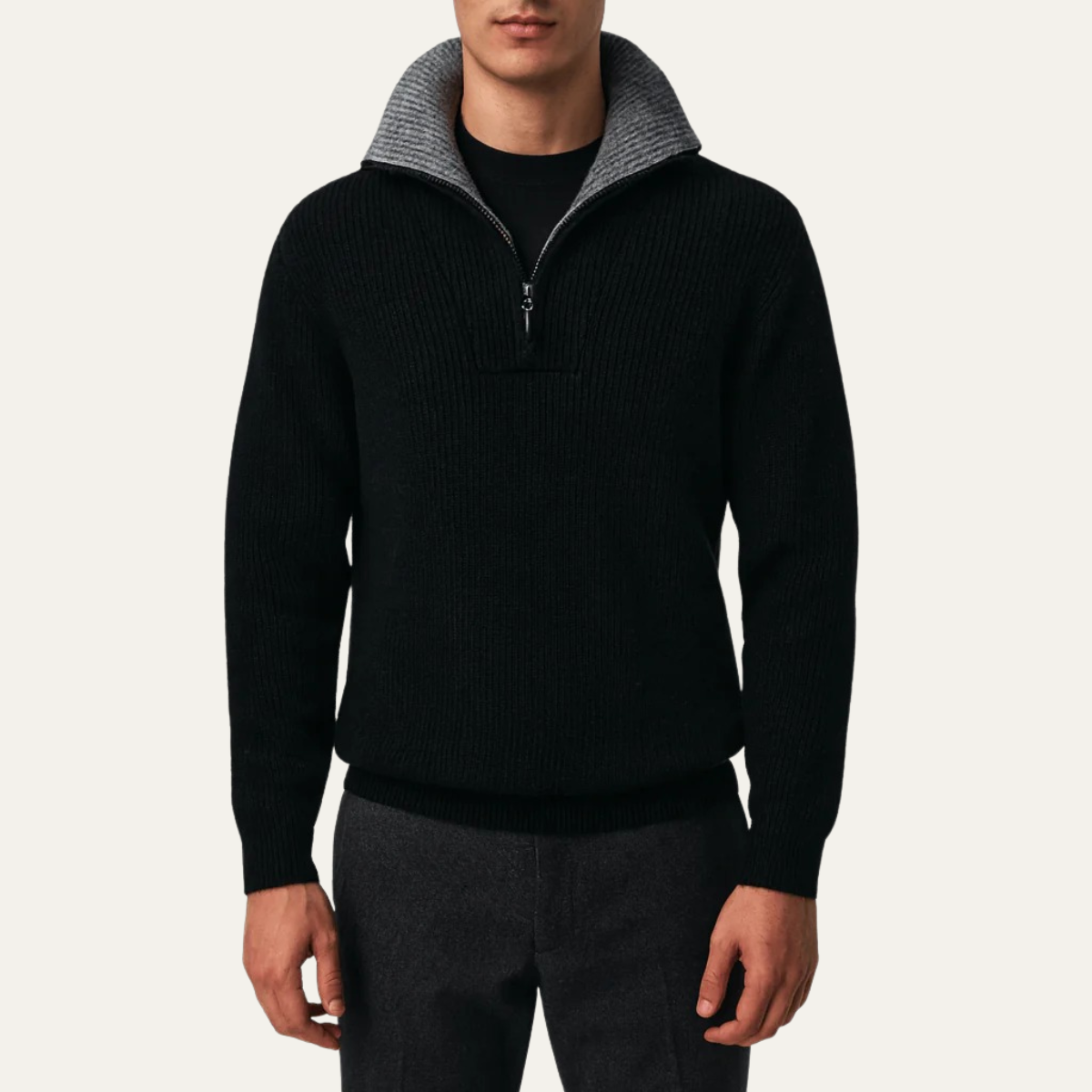 Men's Tailored Fit Quarter Zip Knitted Sweater with Ribbed Texture