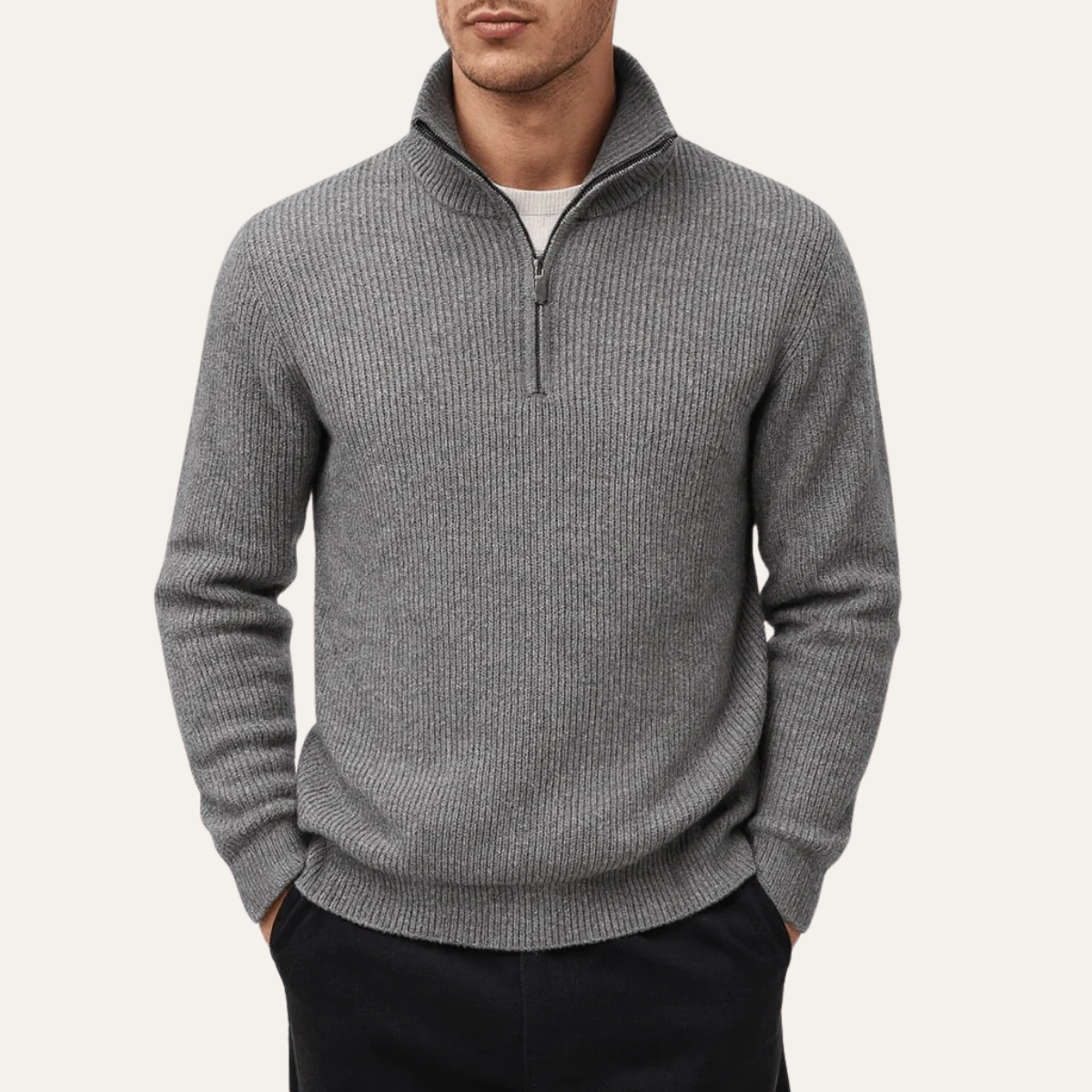 Men's Tailored Fit Quarter Zip Knitted Sweater with Ribbed Texture