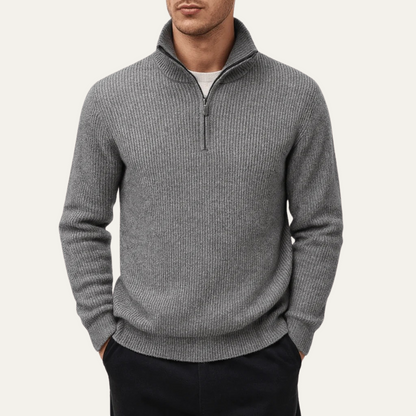 Men's Tailored Fit Quarter Zip Knitted Sweater with Ribbed Texture