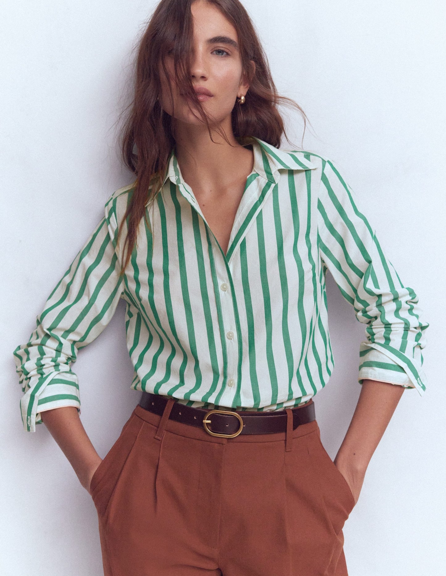 Women's Green and Ivory Striped Cotton Shirt - Stylish Casual Wear