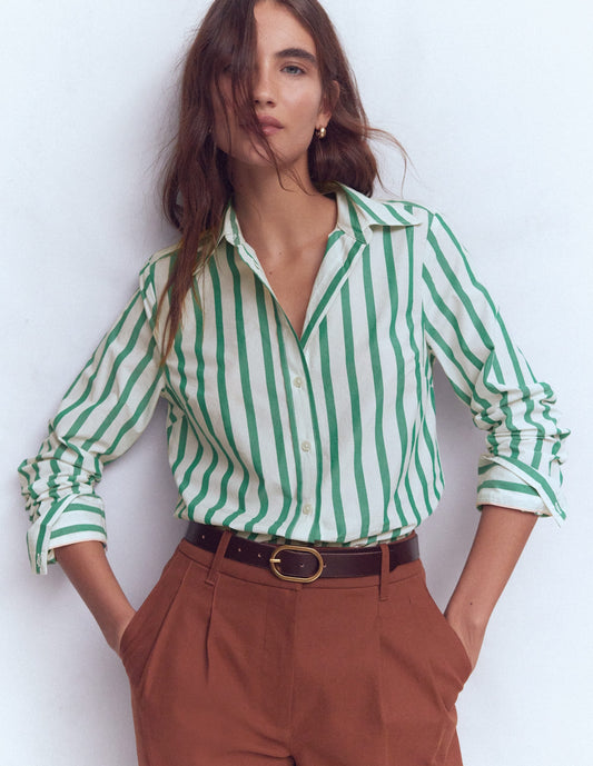 Women's Green and Ivory Striped Cotton Shirt - Stylish Casual Wear