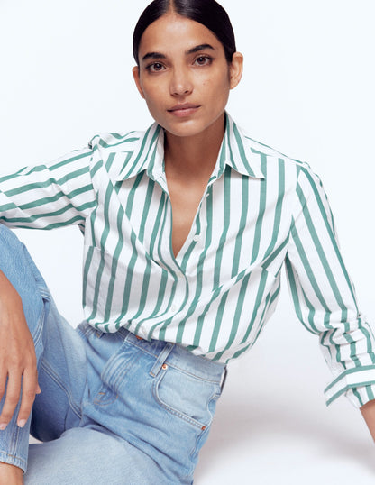 Women's Green and Ivory Striped Cotton Shirt - Stylish Casual Wear