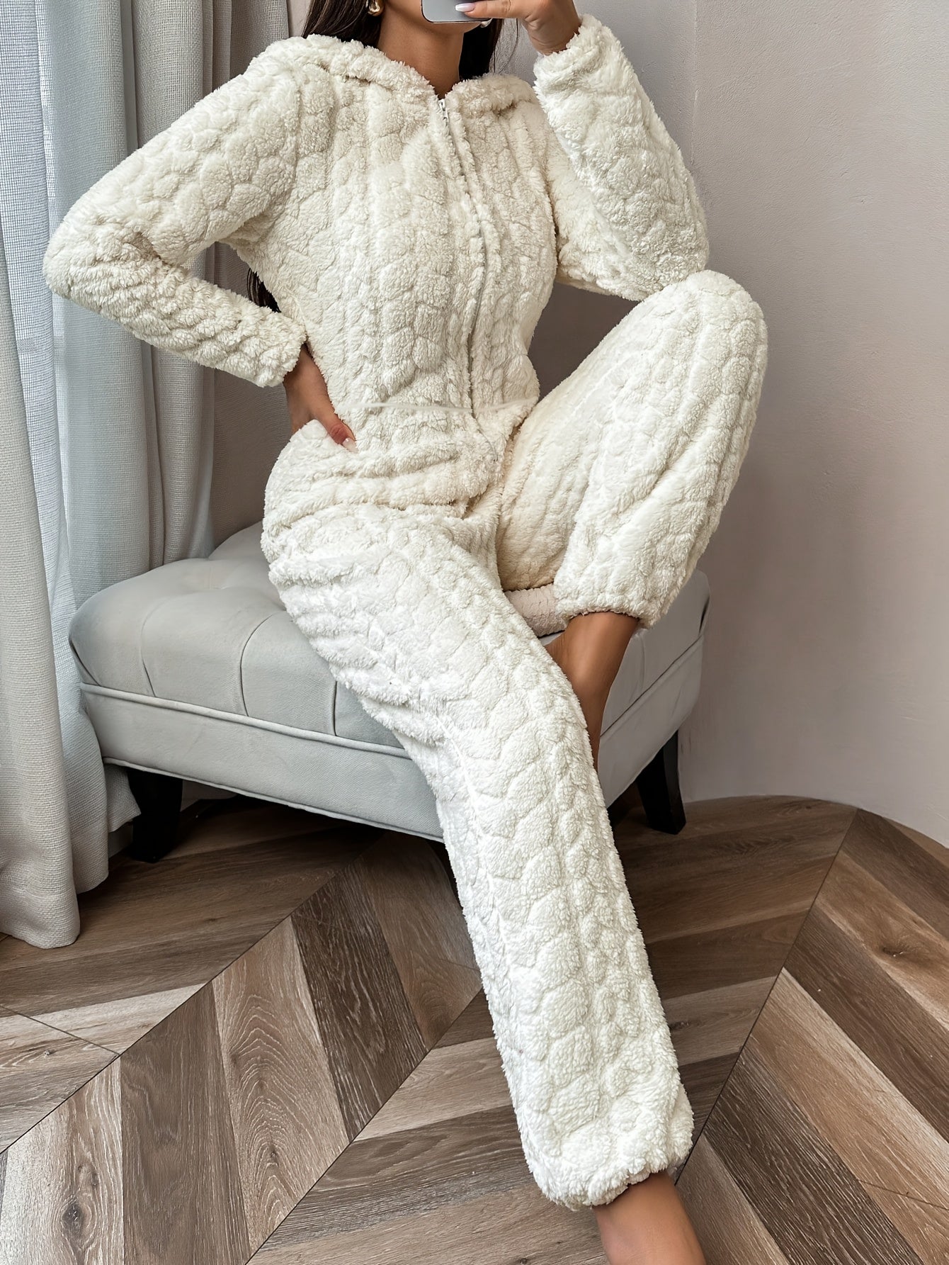 Cozy Women's White Hooded Onesie - Plush Quilted Zip-Up Jumpsuit for Ultimate Comfort