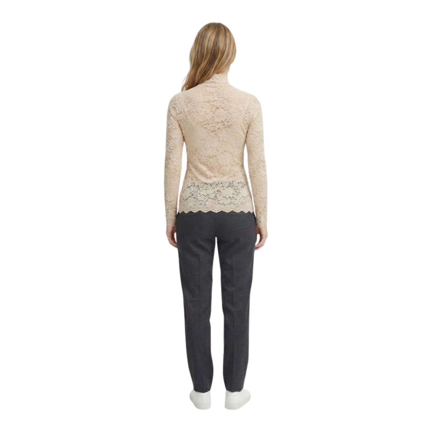Floral Lace Long Sleeve Turtleneck Top with Petal Sleeves - Women's Knit Mesh Tee