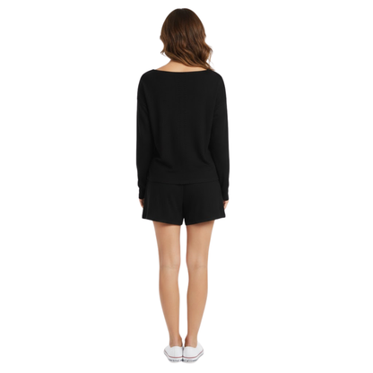 Cozy Women's Long Sleeve Pajama Set with Round Neck Top and Shorts - 2 Piece Loungewear Outfit