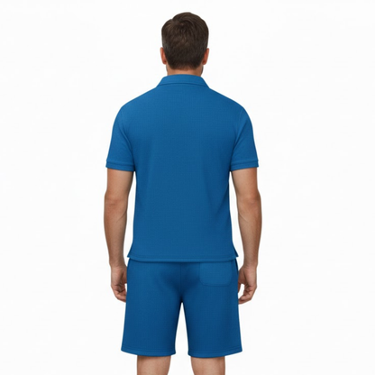 Men's Casual Two-Piece Tracksuit Set - Quarter Zip Polo Shirt and Drawstring Shorts