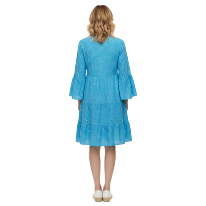 V-Neck Eyelet Cotton Mini Dress with Flare Sleeves, Hollow Out Design, Button Front, and Tiered Skirt