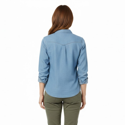 Casual Women's Long Sleeve Denim Shirt with Turn Down Collar - Cotton Blouse