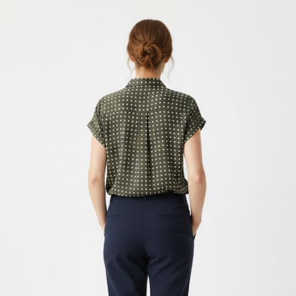Women's Short Sleeve Polka Dot Blouse - Loose Fit Cotton Linen Shirt with Pleated Collar