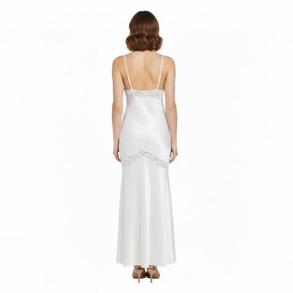 Elegant Satin Maxi Dress with Lace Patchwork, V-Neck, Backless, Sleeveless Fishtail Design