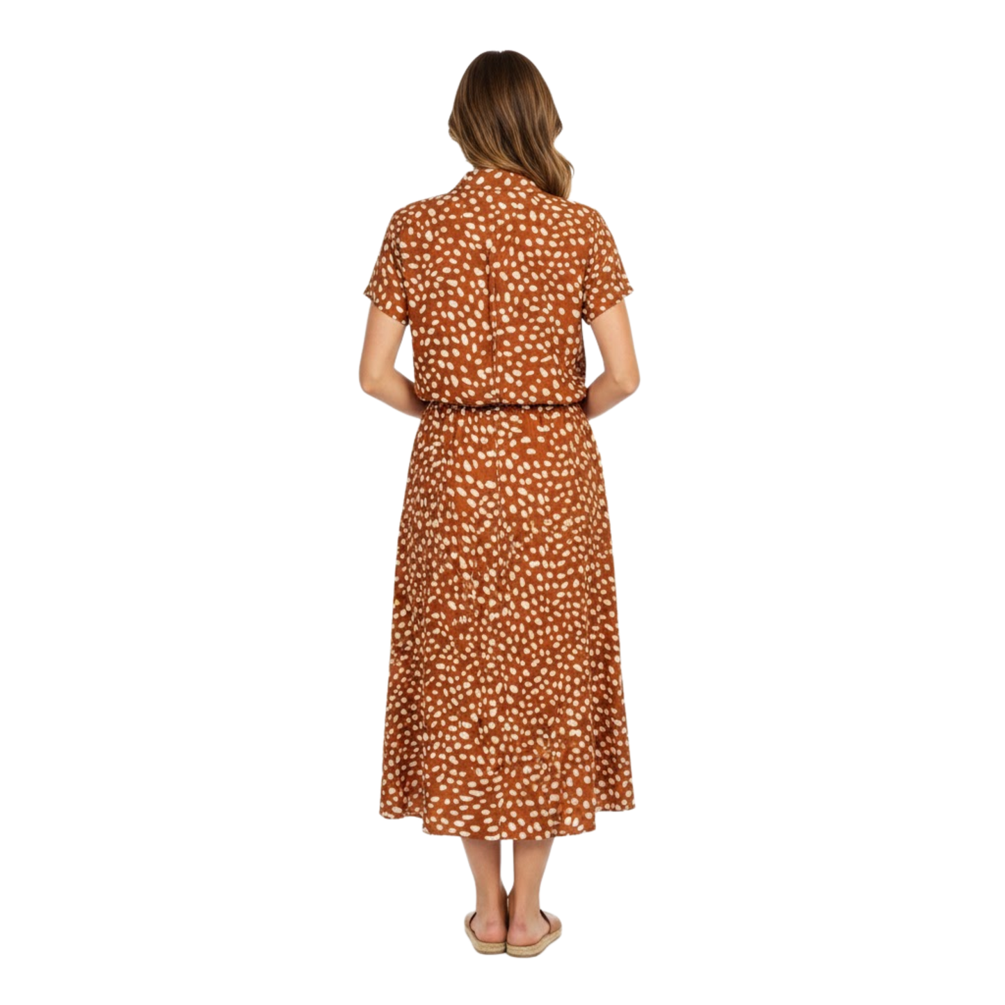 Polka Dot Short Sleeve Shirt Dress with Turn Down Collar and Coordinating Waistband