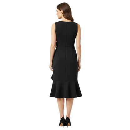 Women's Sleeveless Cotton Blend Midi Dress with Asymmetrical Ruffle and Mermaid Fit