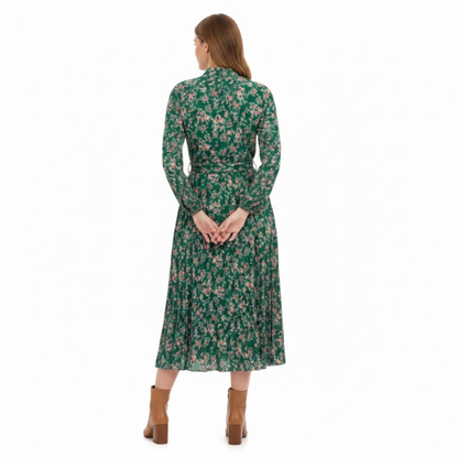 Floral Pleated A-Line Midi Dress with Long Sleeves, Stand Collar, and Waist Sash