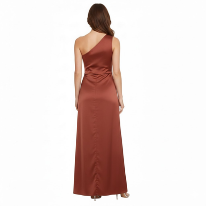 Chic One Shoulder Satin Maxi Dress with Asymmetrical Pleats and High Split Hem for Formal Evening Occasions