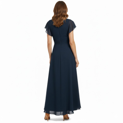 Elegant V-Neck Chiffon Midi Dress with Batwing Sleeves and Irregular Hem for Evening Parties