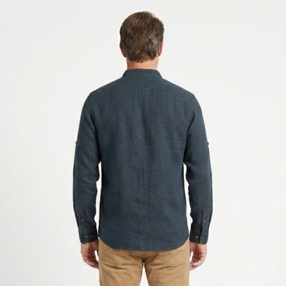 Men's Slim Fit Long Sleeve Cotton Linen Shirt with Stand Collar - Casual Button Down Top