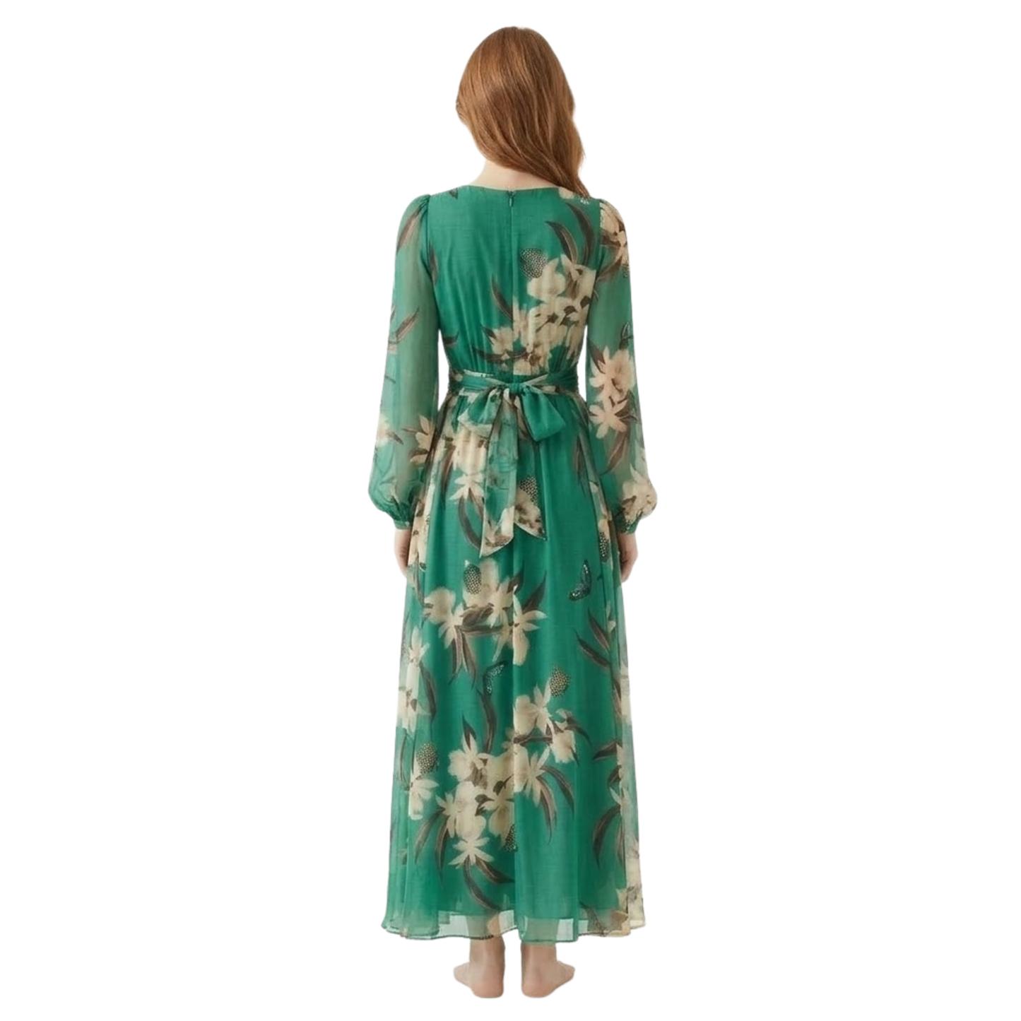 Floral Maxi Dress for Women - Long Sleeve V-Neck High Waist Evening Gown