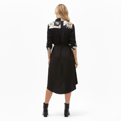 Retro Floral Print Polo Neck Shirt Dress with Button Closure and Adjustable Waist Belt