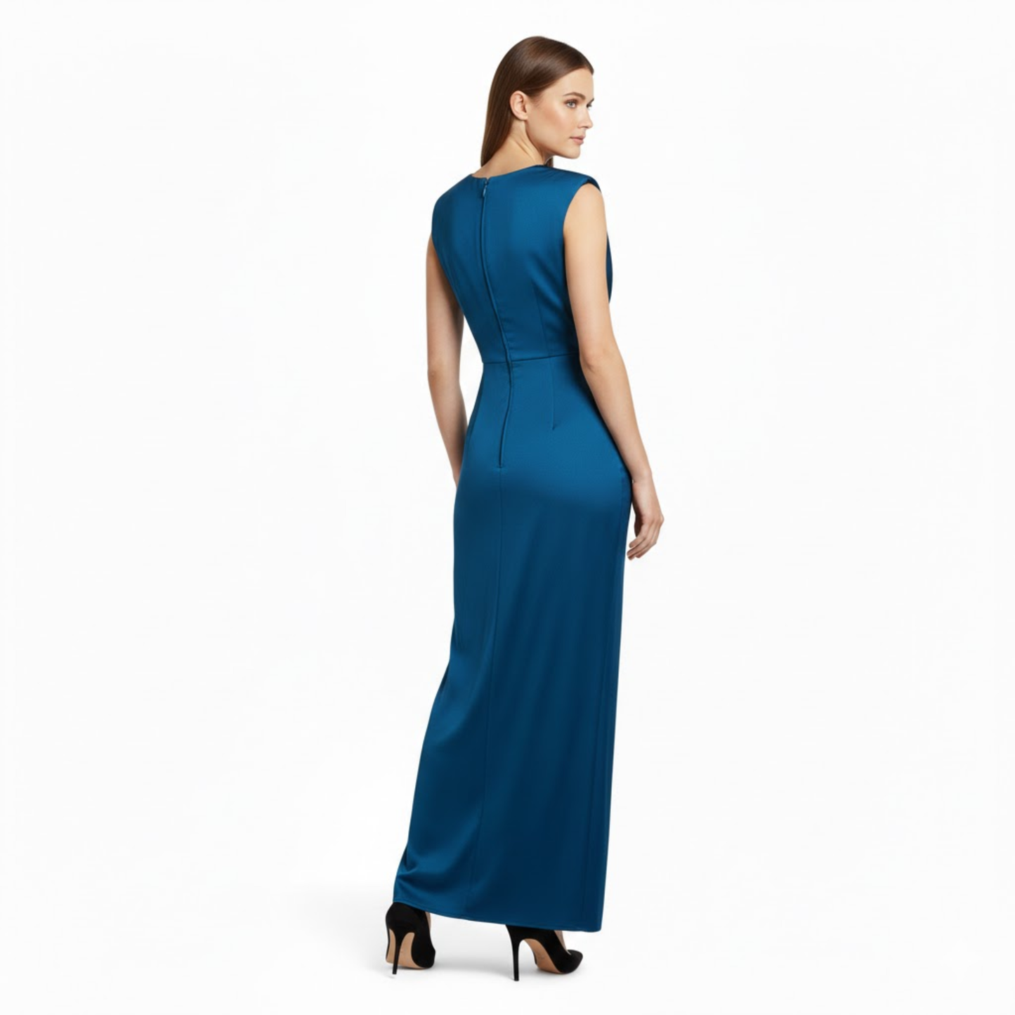Elegant V-Neck Sleeveless Maxi Dress with Pleats, High Slit, and Ruched Bodice for Formal Occasions
