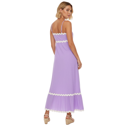 Women's Sleeveless Spaghetti Strap Maxi Dress with Contrast Trim and Ruffle Detail - Long Sundress for Summer