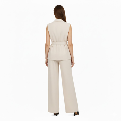 Women's Sleeveless Vest and Wide Leg Pants Outfit with Turn Down Collar and Adjustable Tie Waist Belt