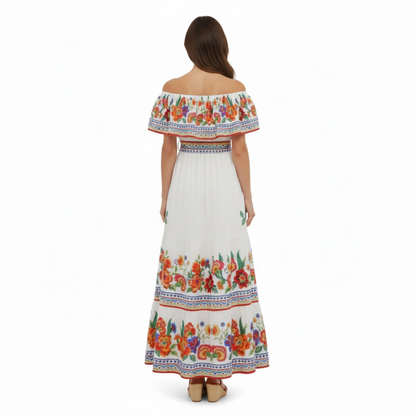 Floral Off-Shoulder Maxi Dress - Ankle-Length A-Line Asymmetrical Gown with Slash Neck
