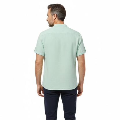 Men's Short Sleeve Cotton Linen Henley Shirt - Breathable Casual Beach Top with Pocket