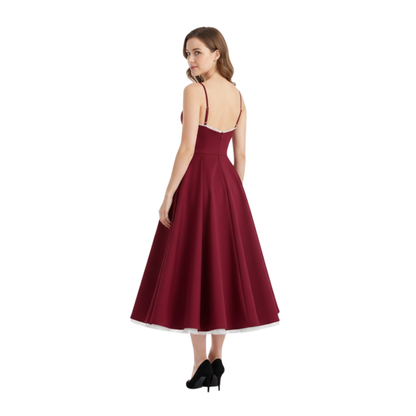 Embroidered V-Neck Sleeveless Corset Midi Dress - A-Line Flare Evening Party Gown