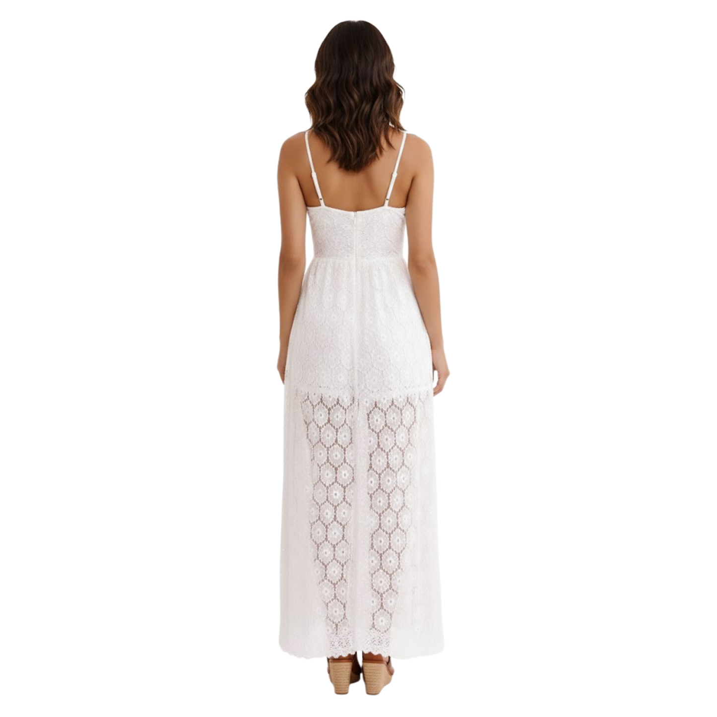 Women's Floral Lace V-Neck Maxi Dress with Empire Waist and Front Split