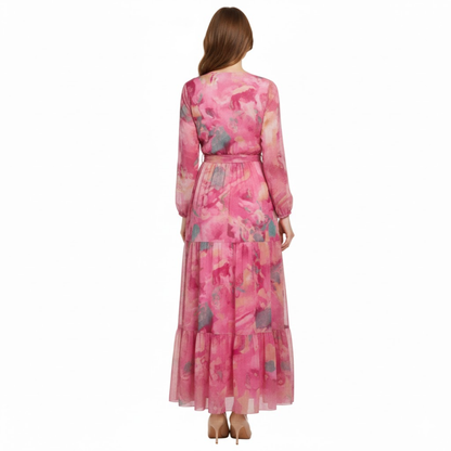 Bohemian Floral V-Neck Maxi Dress with Long Sleeves, Tiered A-Line Design, High Waist and Belted Style