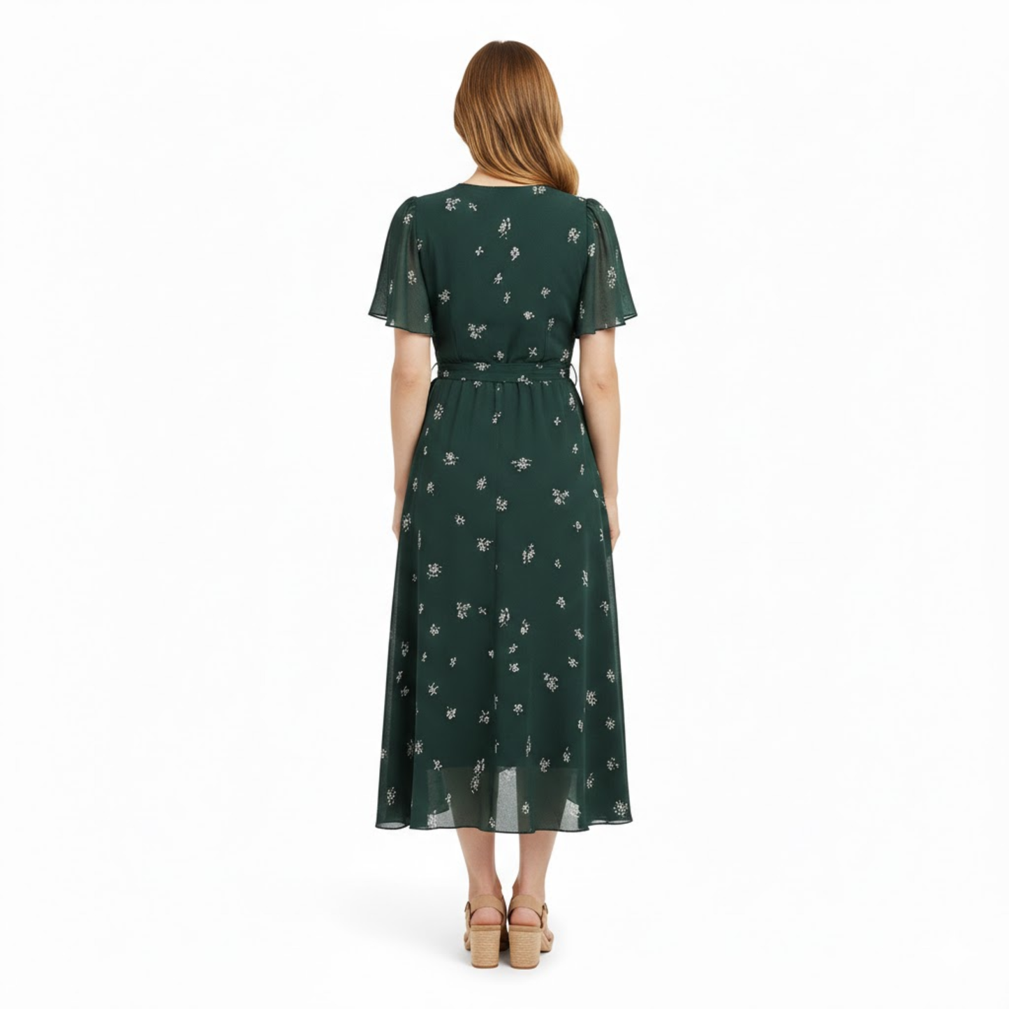 Women's Floral V-Neck Midi Dress with Short Flutter Sleeves and Empire Waist